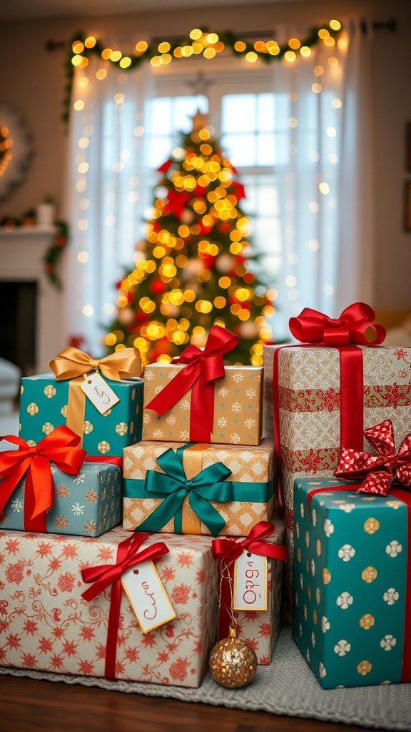 A collection of wrapped Christmas gifts with ribbons in a cozy holiday setting.